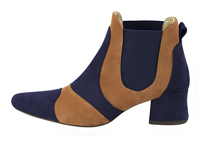 Navy blue and camel beige women's ankle boots, with elastics. Round toe. Low flare heels. Profile view - Florence KOOIJMAN